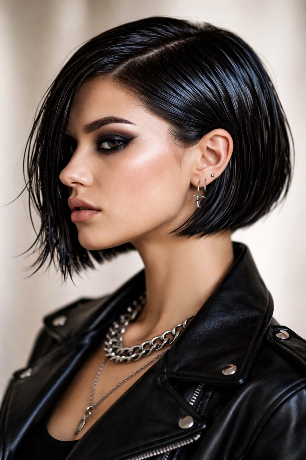 Wet-looking punk bob with glossy gel finish and close-to-head strands