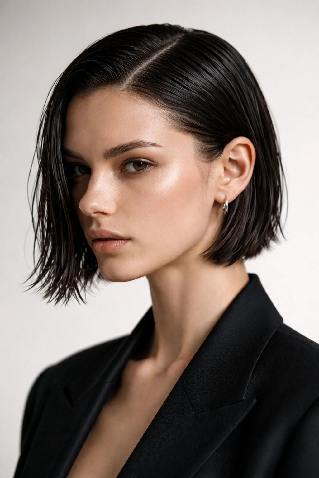 Portrait of a wet-look sleek bob with one side tucked