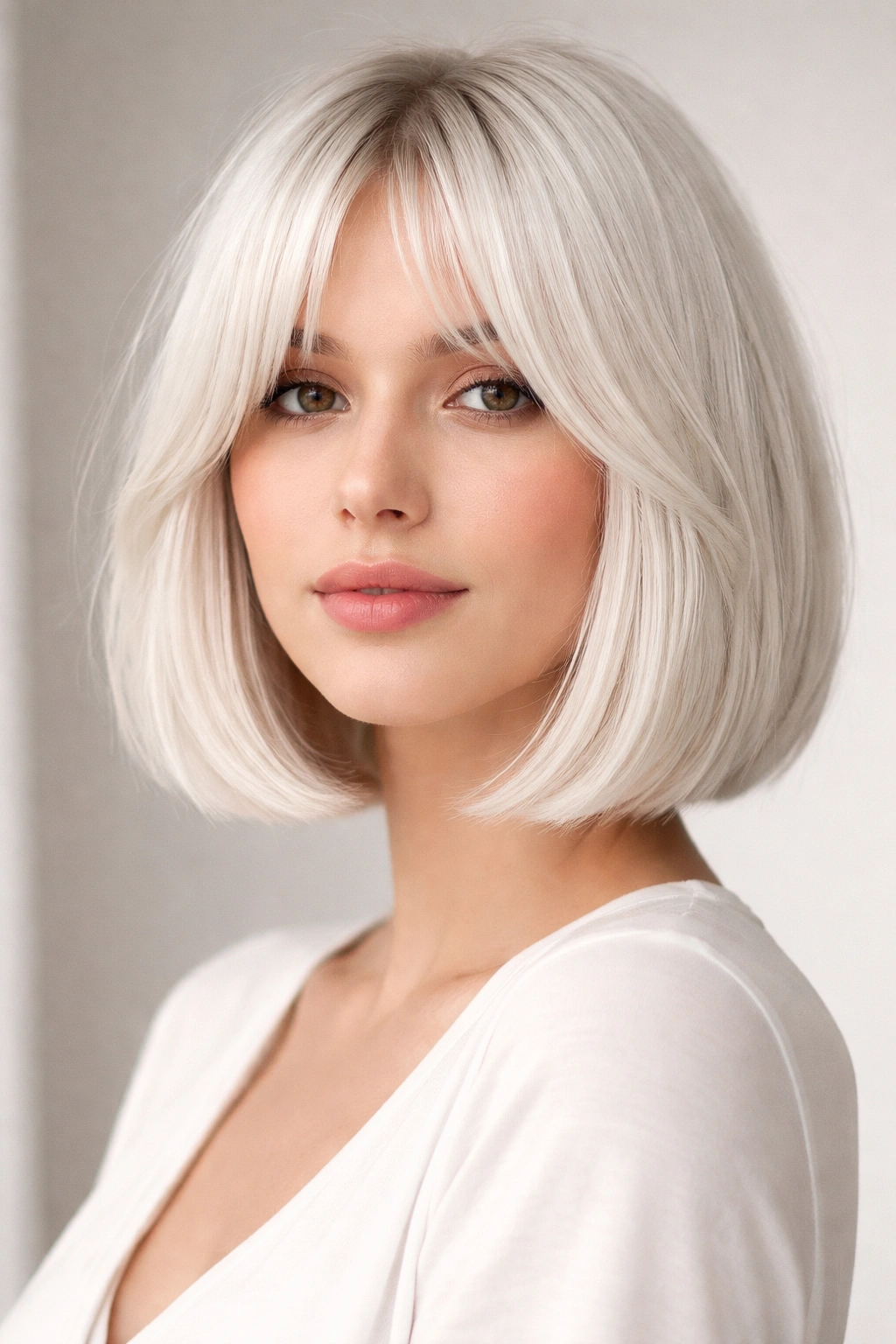 White bob with soft curtain bangs framing the face and a sharp, clean bob line
