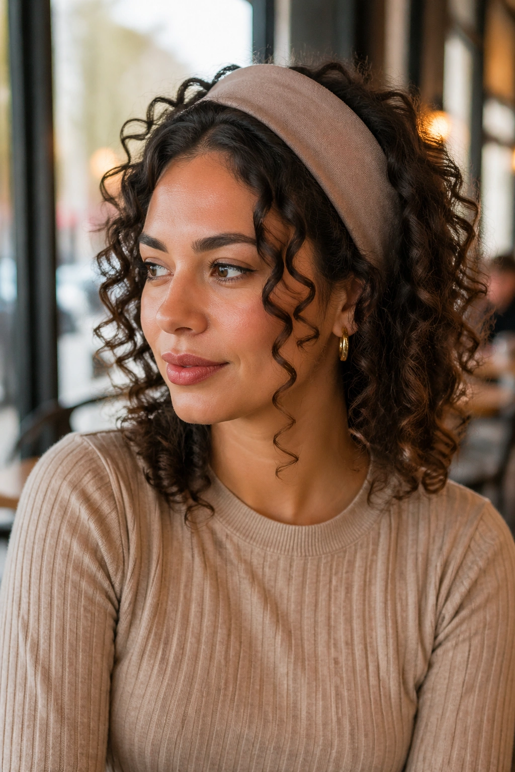 Close-up of a real woman wearing a wide matte headband with open curls around her face