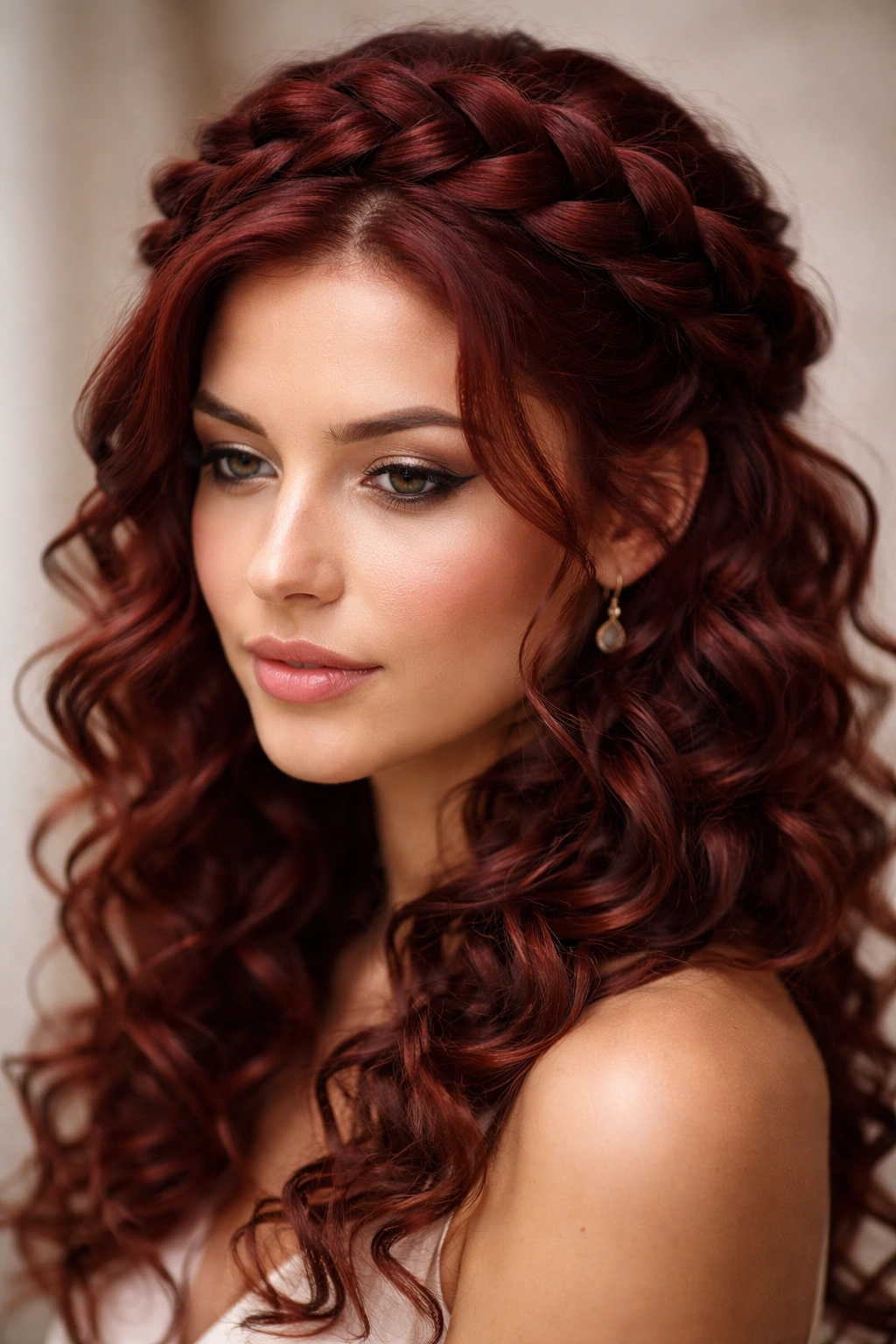 Close-up of wine-red braided crown on curly hair, showcasing texture and shine