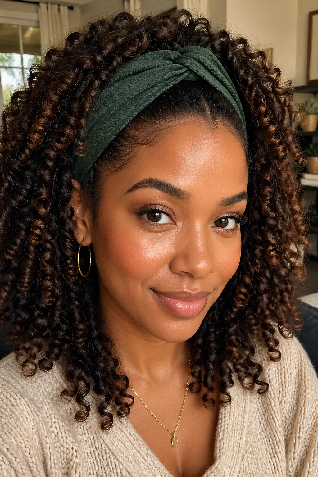 Close-up of a person wearing a wire-edge headband and shaping the front curls