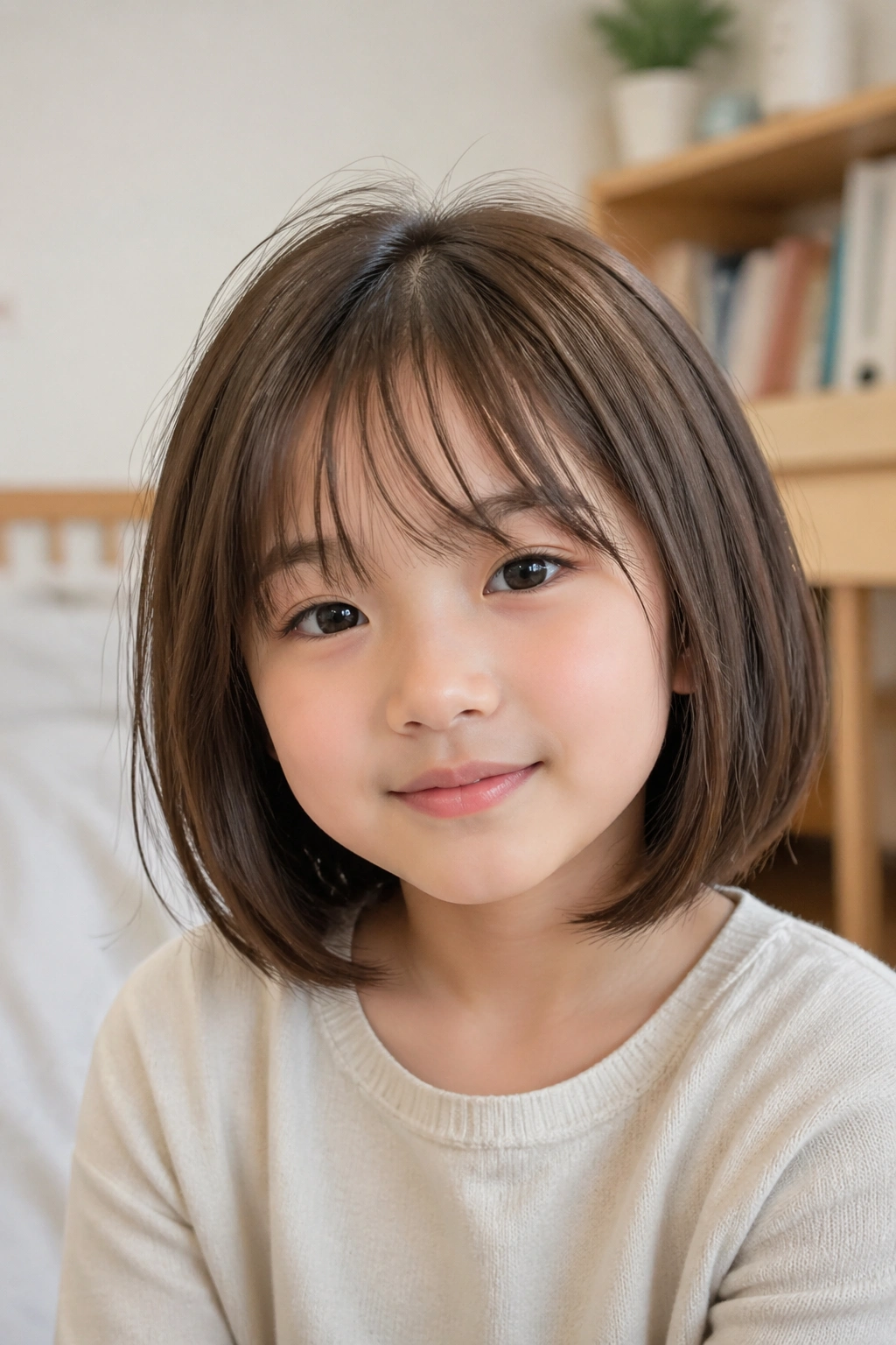 Close-up of a child with wispy bangs in a medium bob.