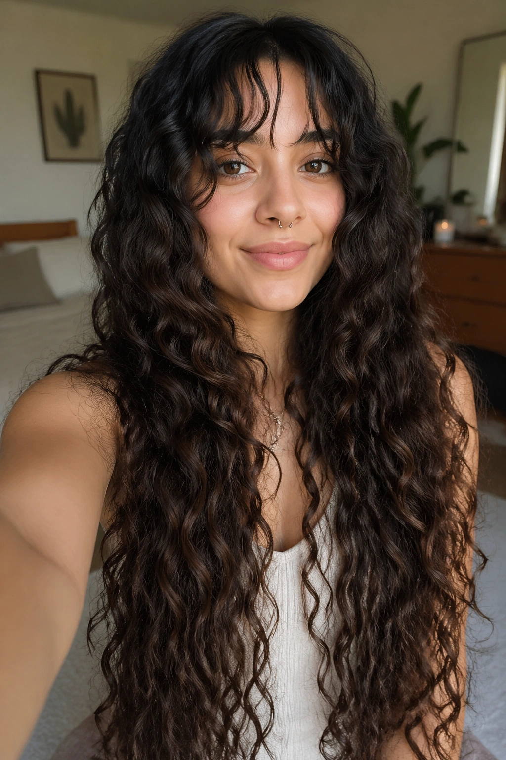 Close-up portrait of a real woman with wispy bangs and waist-length curls in warm window light