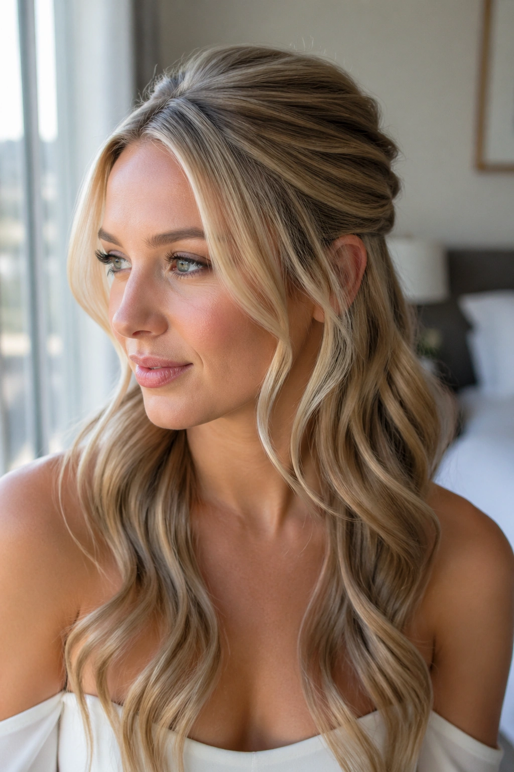 Real woman with wispy front pieces paired with a tidy half-up gathering.