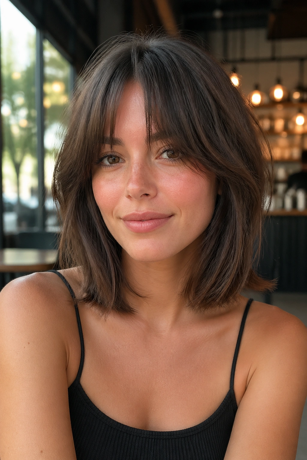 Close-up portrait of a real woman showing a collarbone-grazing wolf bob with parted bangs in natural light