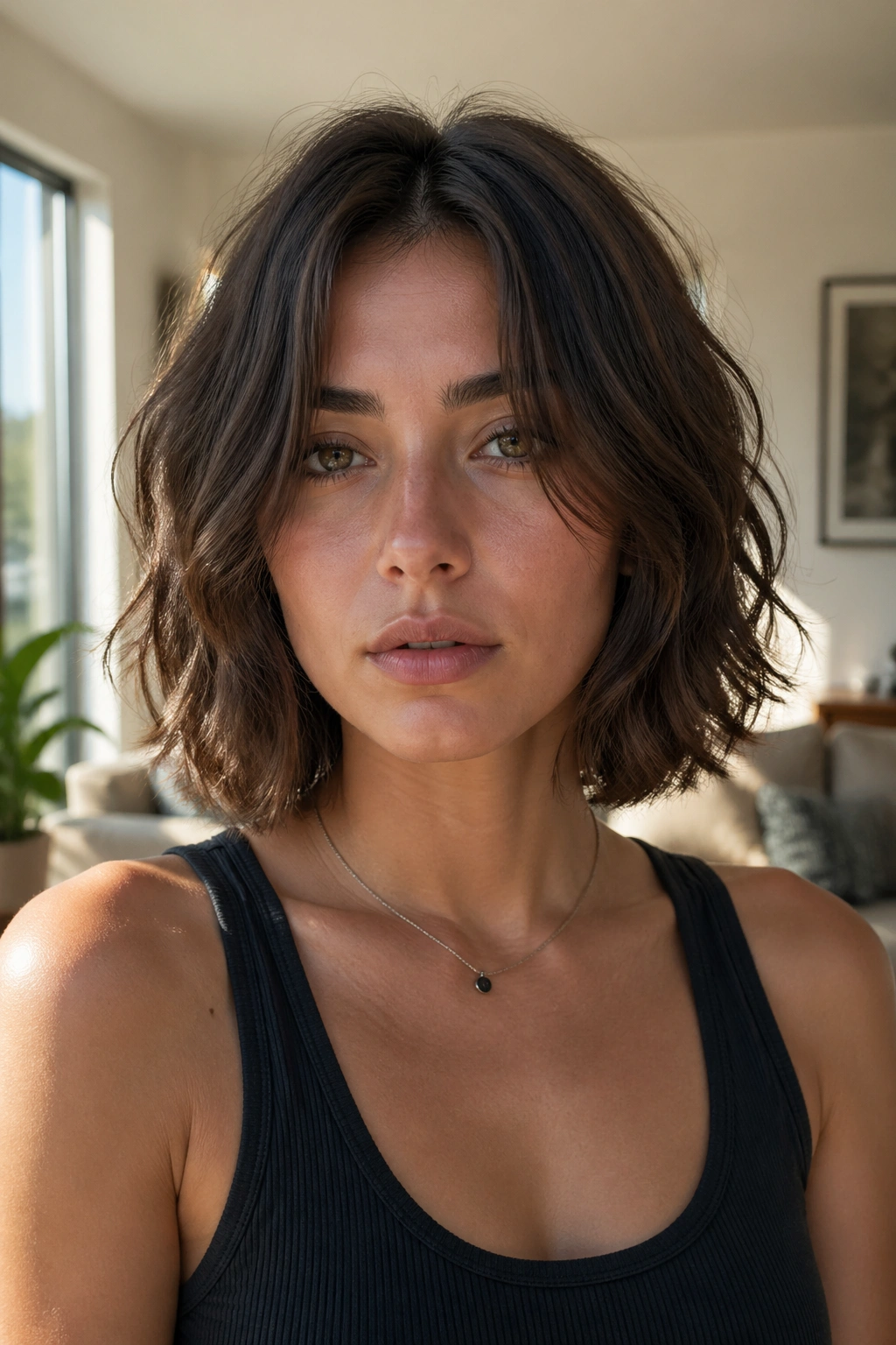 Real person with air-dried wavy wolf cut bob in sunlit living room.