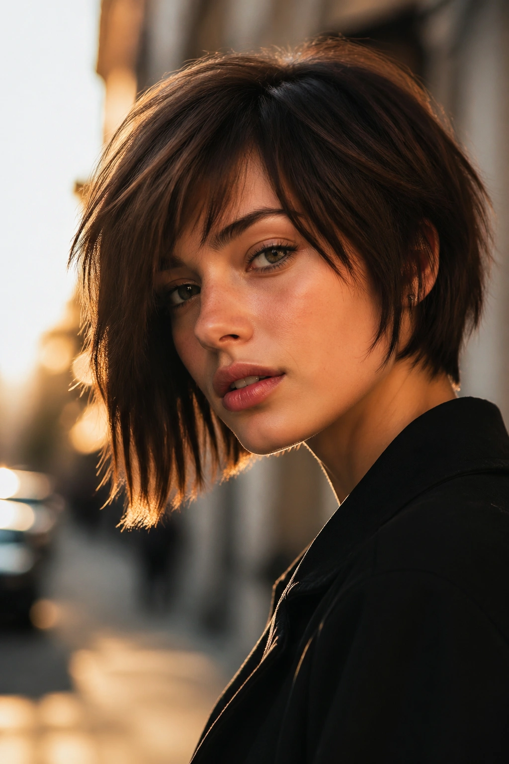 Real person with asymmetrical wolf cut bob in golden hour street setting.