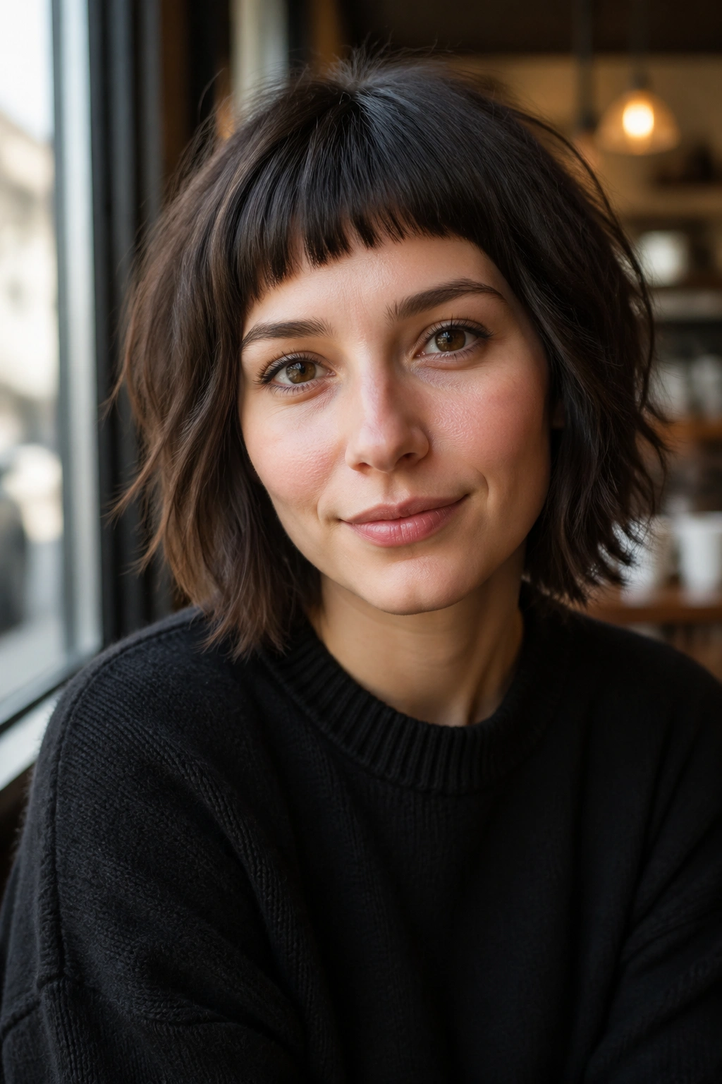 Close-up of real person with wolf cut bob and micro bangs in soft daylight at a cafe window