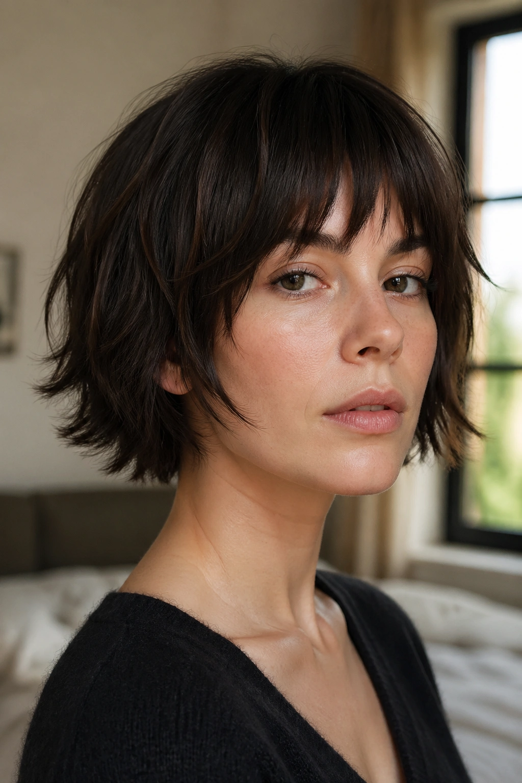 Close-up of a real woman with chin-length wolf cut bob and choppy ends in soft natural light.