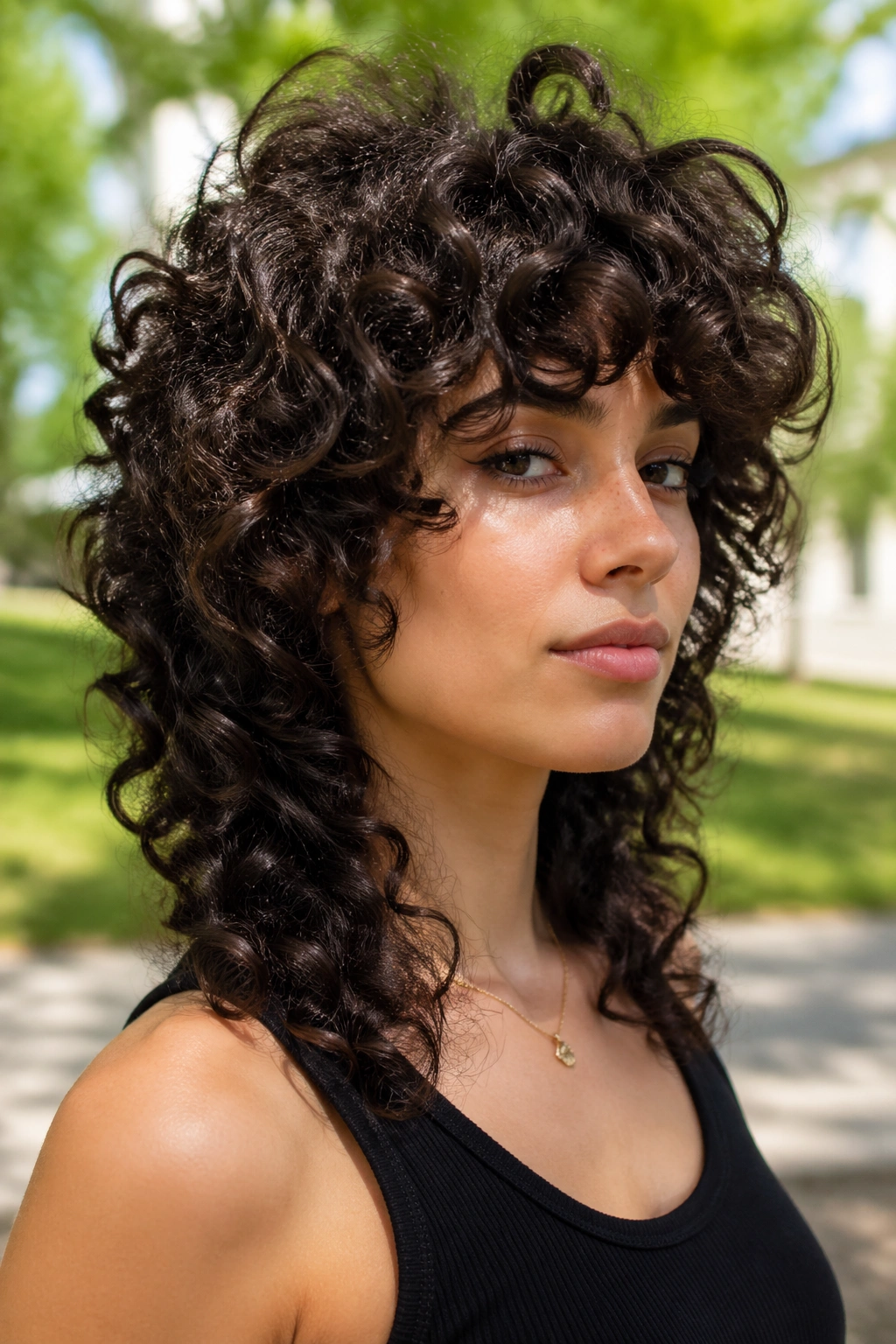 Wolf cut shag on dense curls with high crown and tapered ends