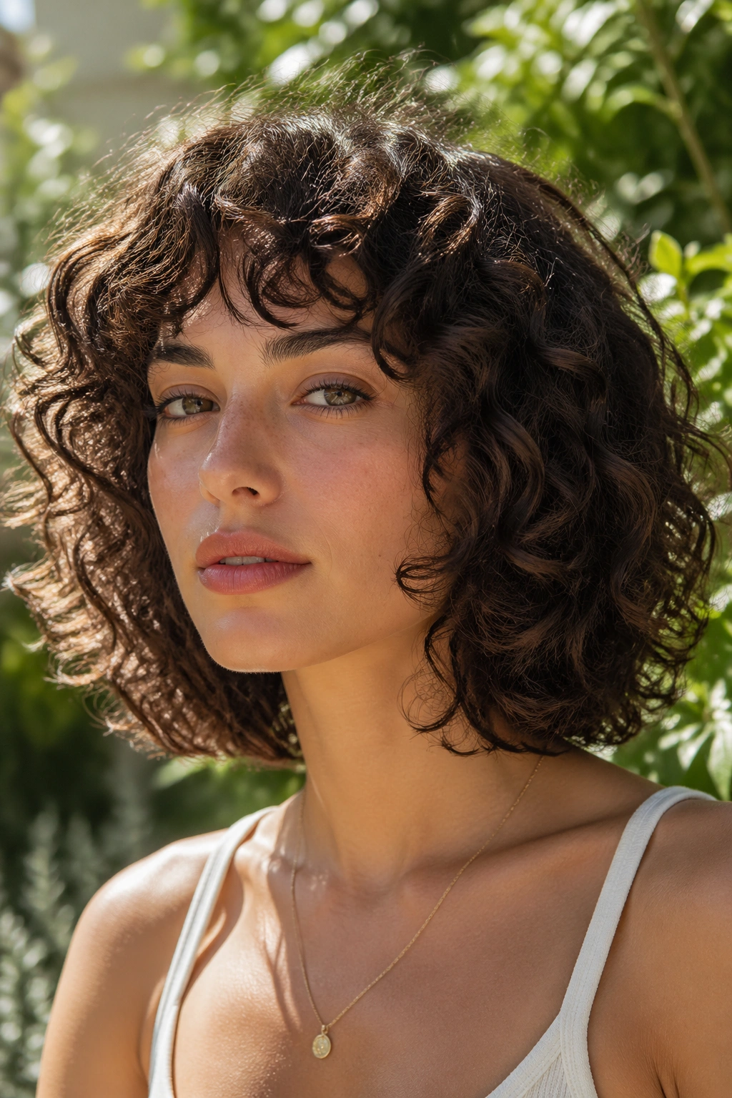 Real person with curly wolf cut bob in sunny garden light.