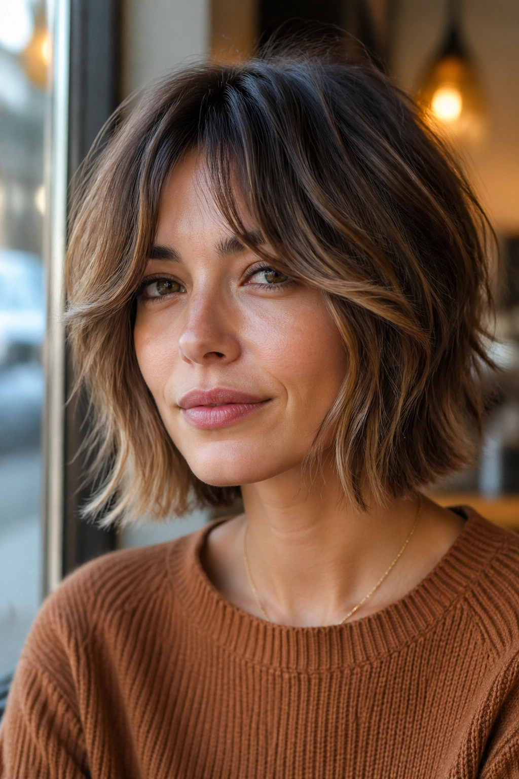 Real woman with curtain bang wolf cut bob in cafe window light.