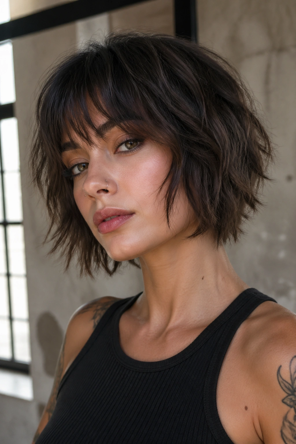 Real person with razor-cut shaggy wolf bob in a sunlit loft.