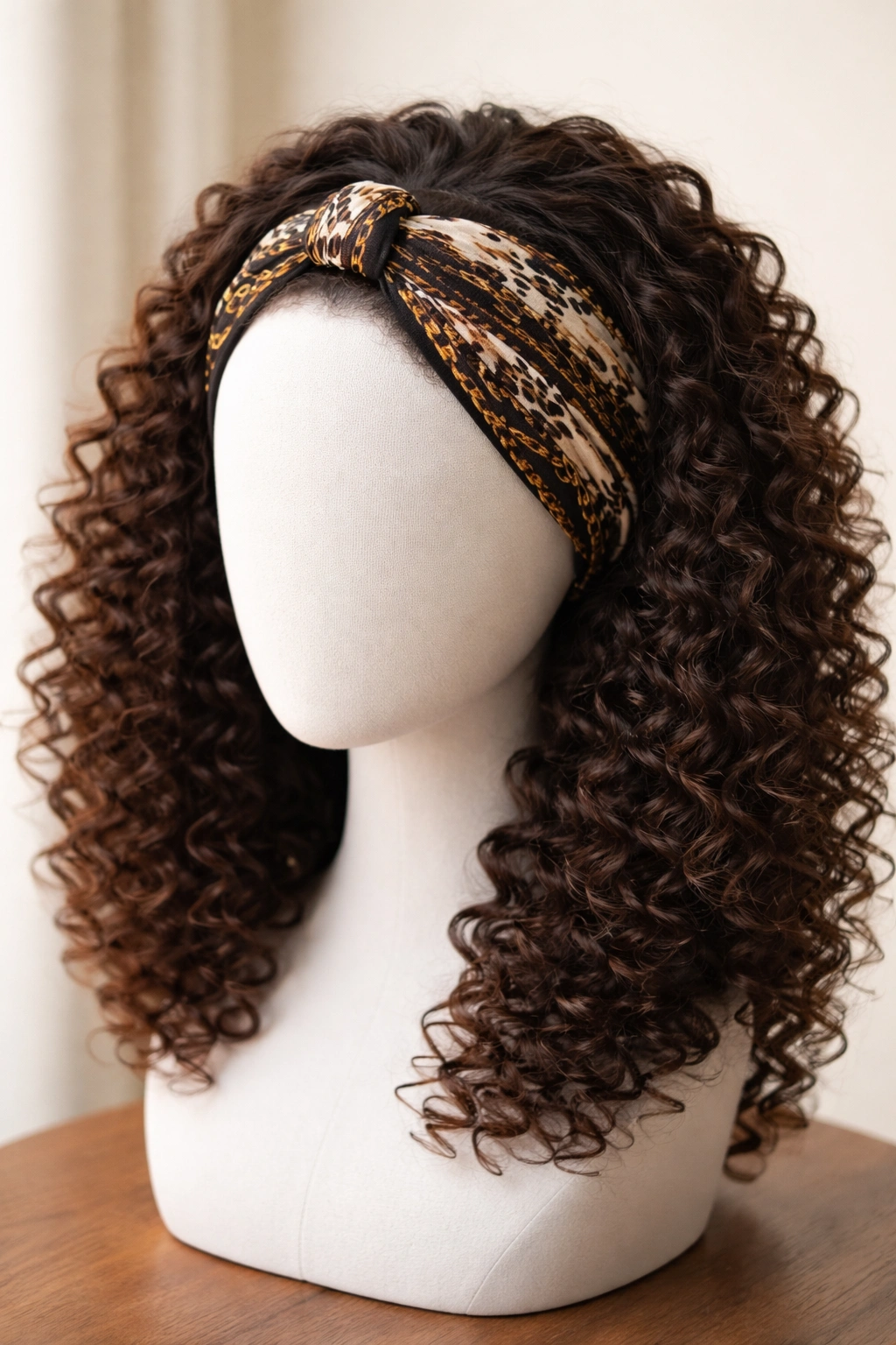 Half-wig wrapped with a scarf detail on a mannequin head, showing front wrap and leave-out