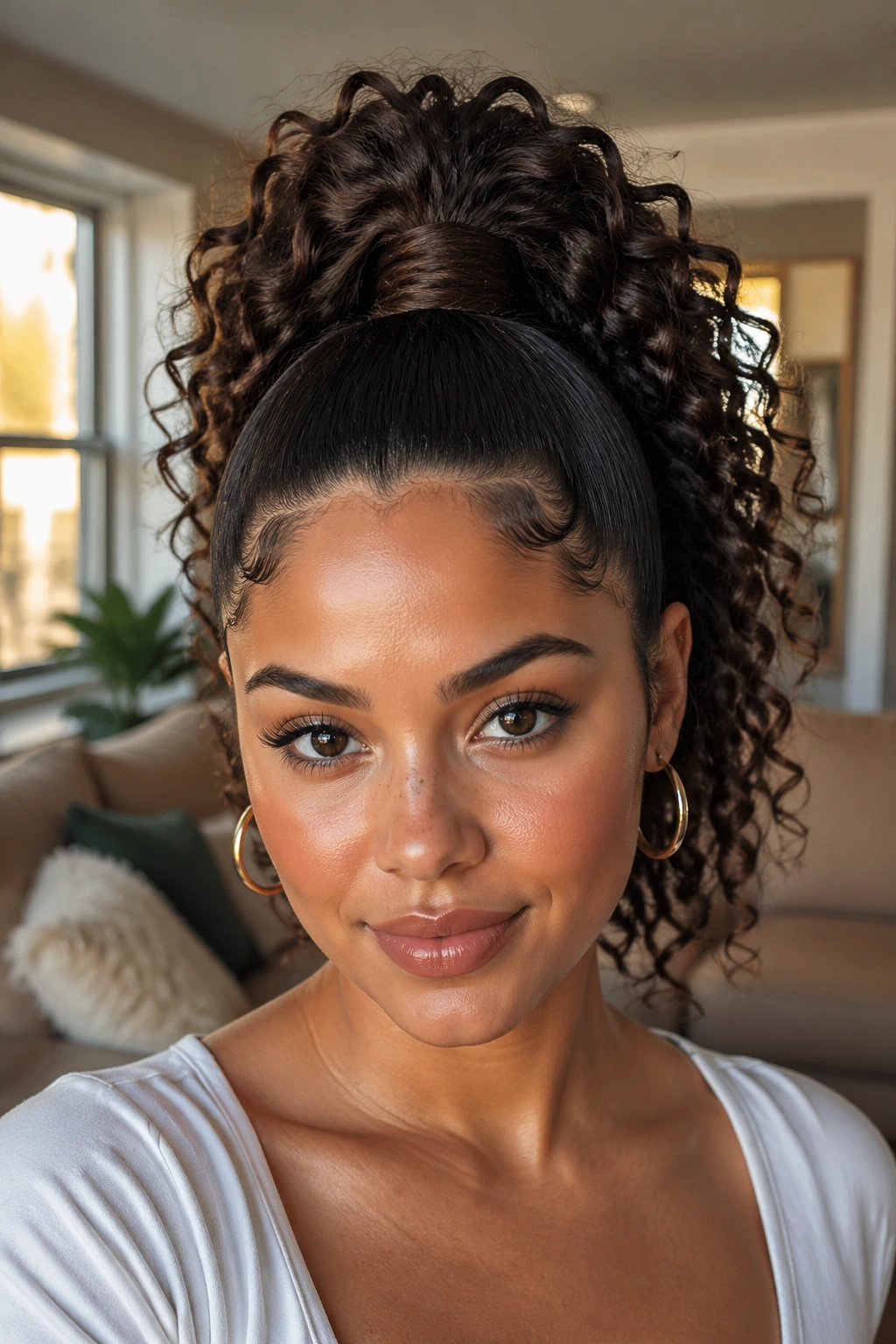 Close-up of a real woman with a wrapped base high ponytail