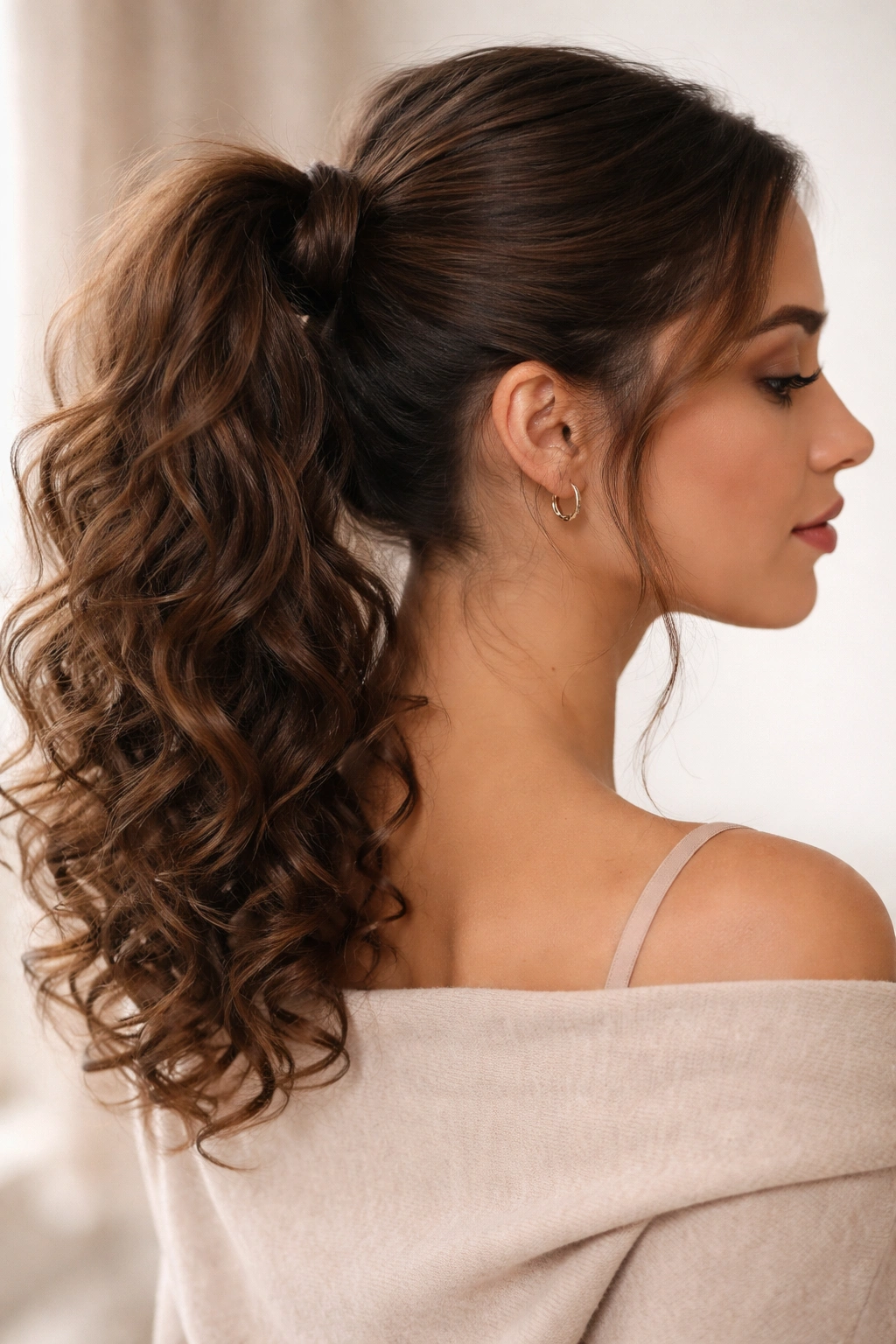 Curly ponytail with a curl wrapped around the elastic and loose texture