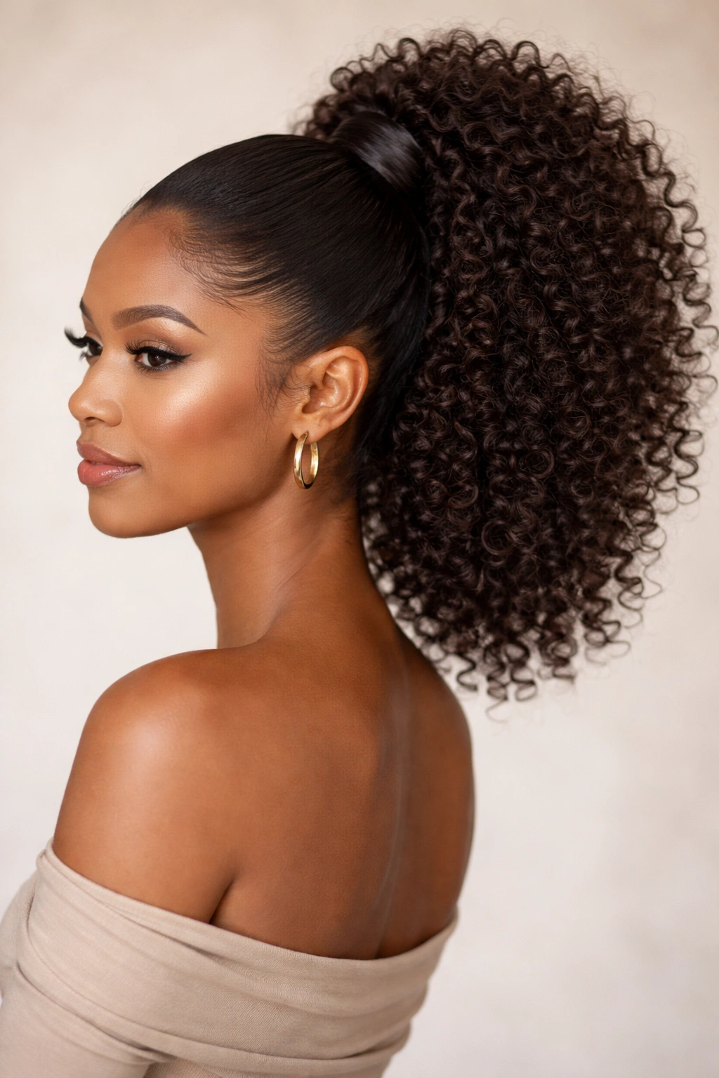 Wrapped high curly ponytail with a hidden elastic wrap and full volume