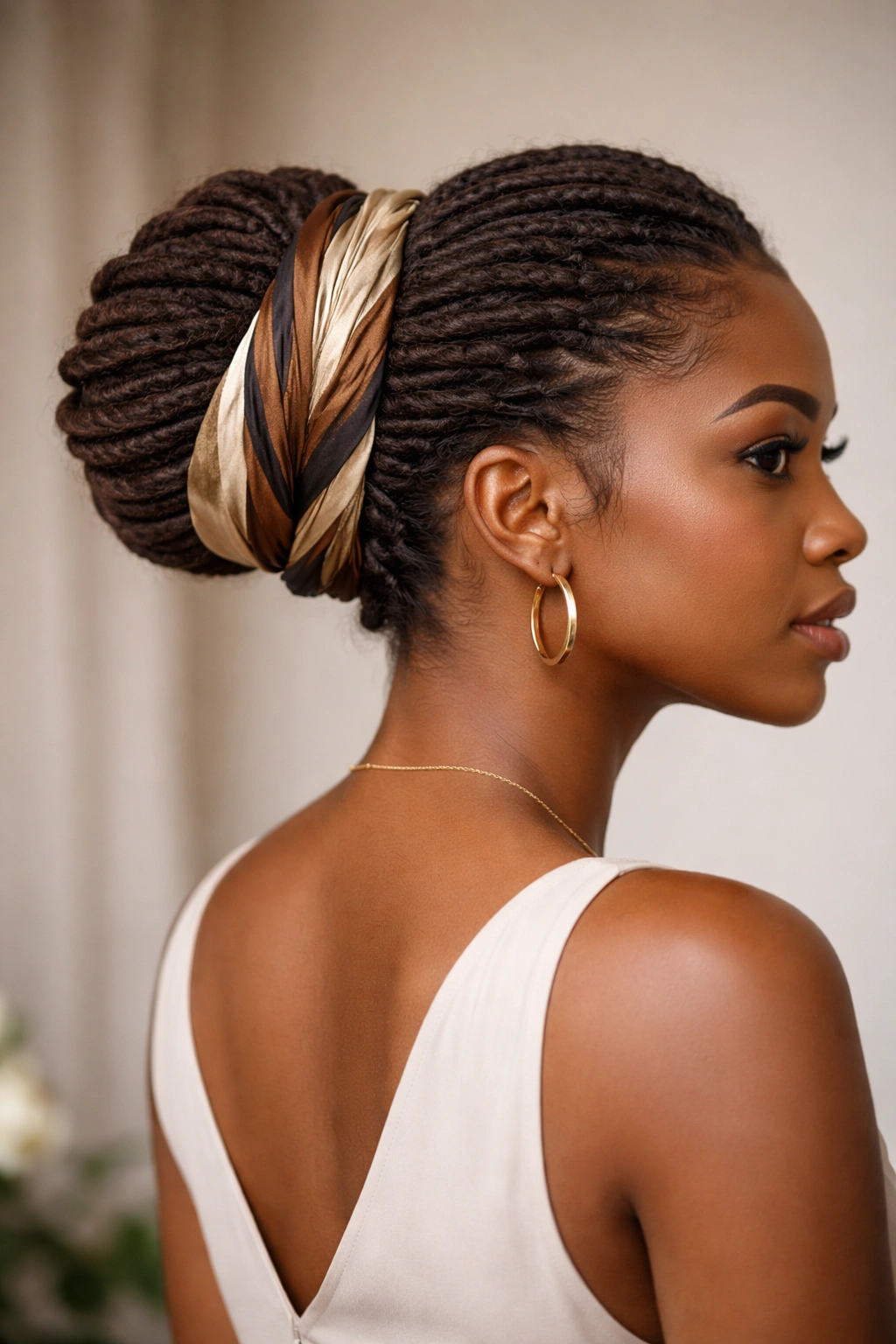 Loc bun wrapped with silk scarf around base