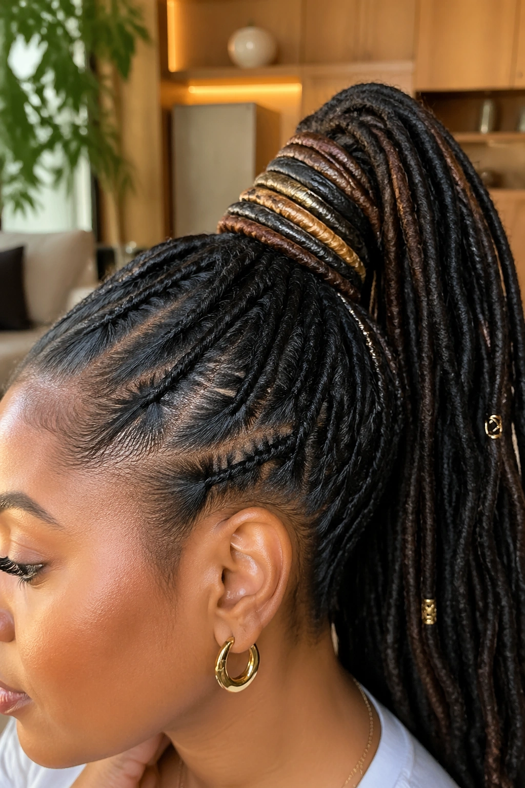 Close-up of real woman wearing a wrapped loc ponytail extension with wraps.