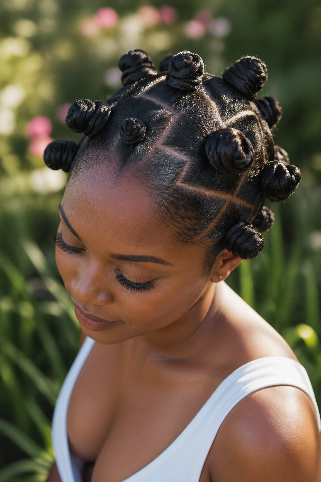 Close-up portrait of a real person with zigzag parted Bantu knots and a crisp scalp line