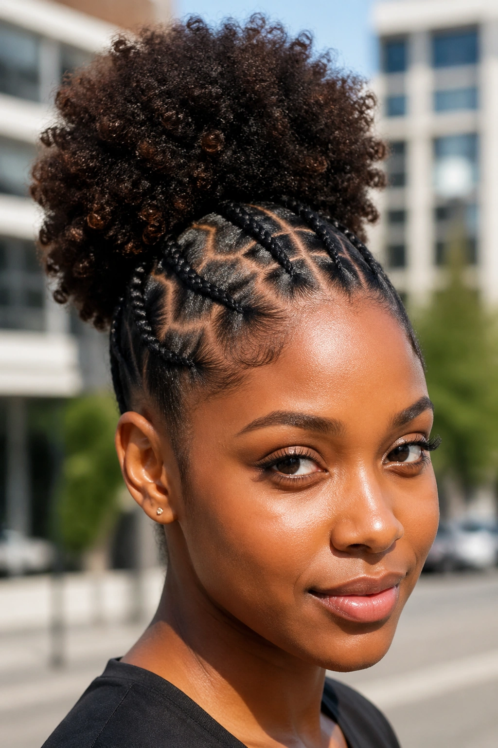 Real woman with zigzag part cornrows and high puff