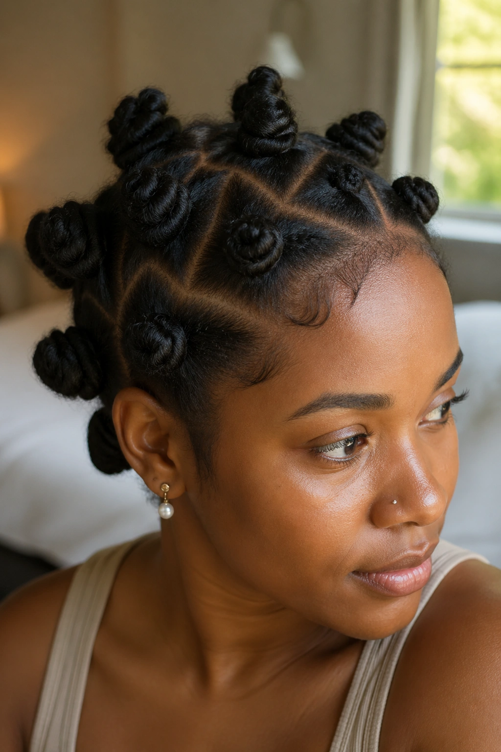 Close-up portrait of a real woman with Zigzag-Part Knots on the front half of the head
