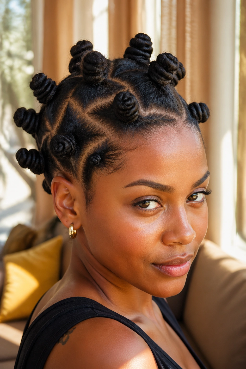 Close-up portrait of a real person with zigzag-part medium Bantu knots