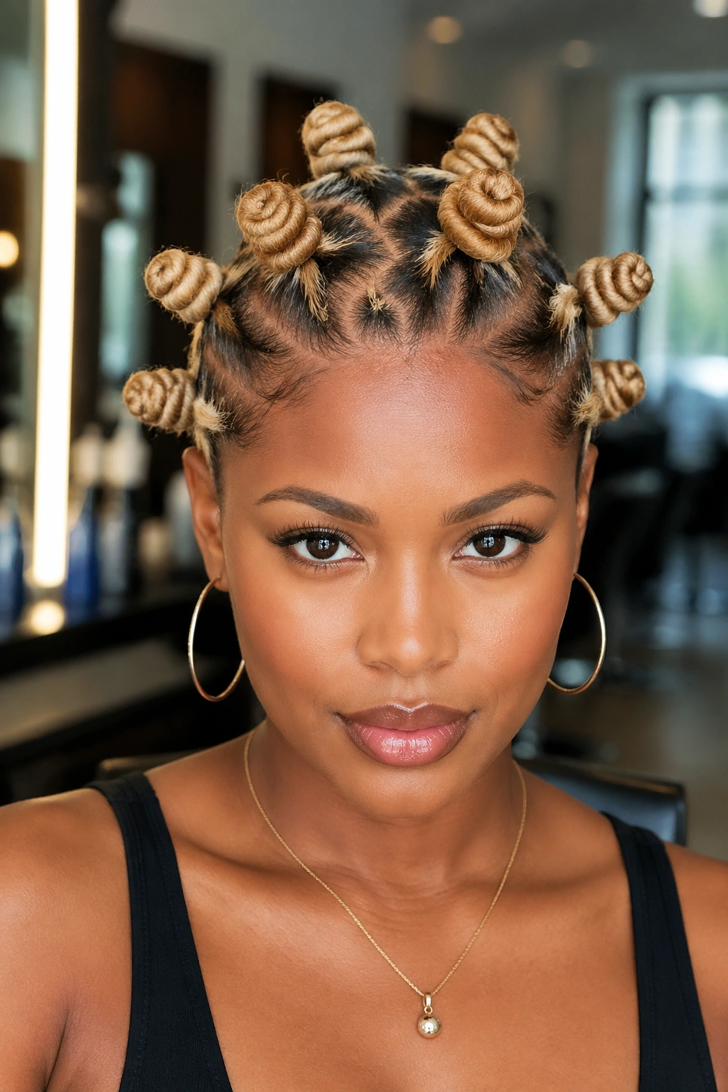 Real person showing zigzag-part blonde knots on the scalp