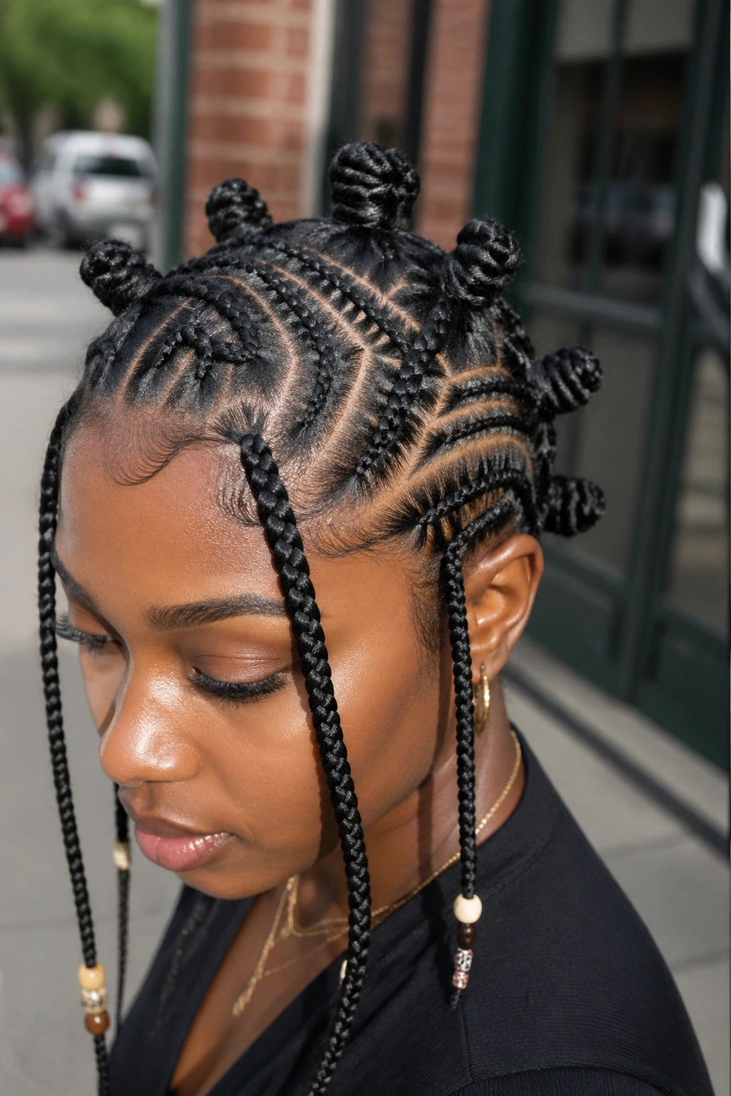 Real woman with zigzag-part Fulani braids and clean cornrow lines