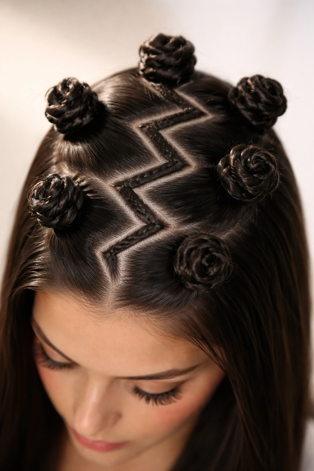 Top-down view showing zigzag-parted Bantu knots on straight hair