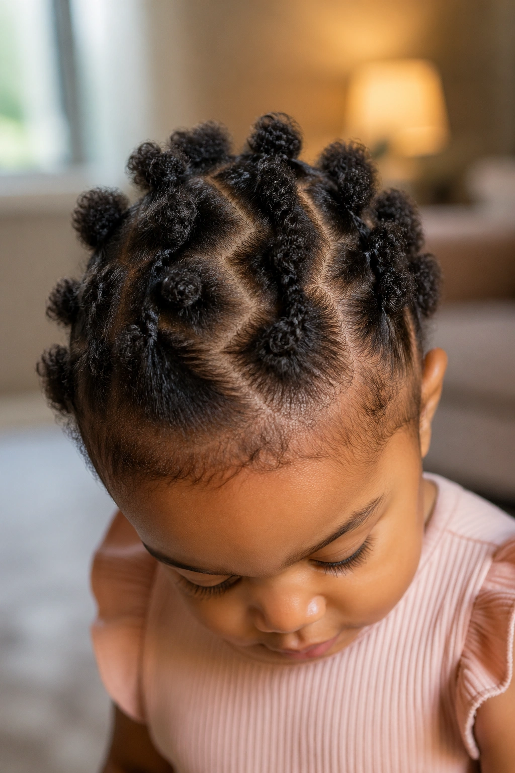 Close-up of a real baby girl showing zig-zag parting and tiny puff rows