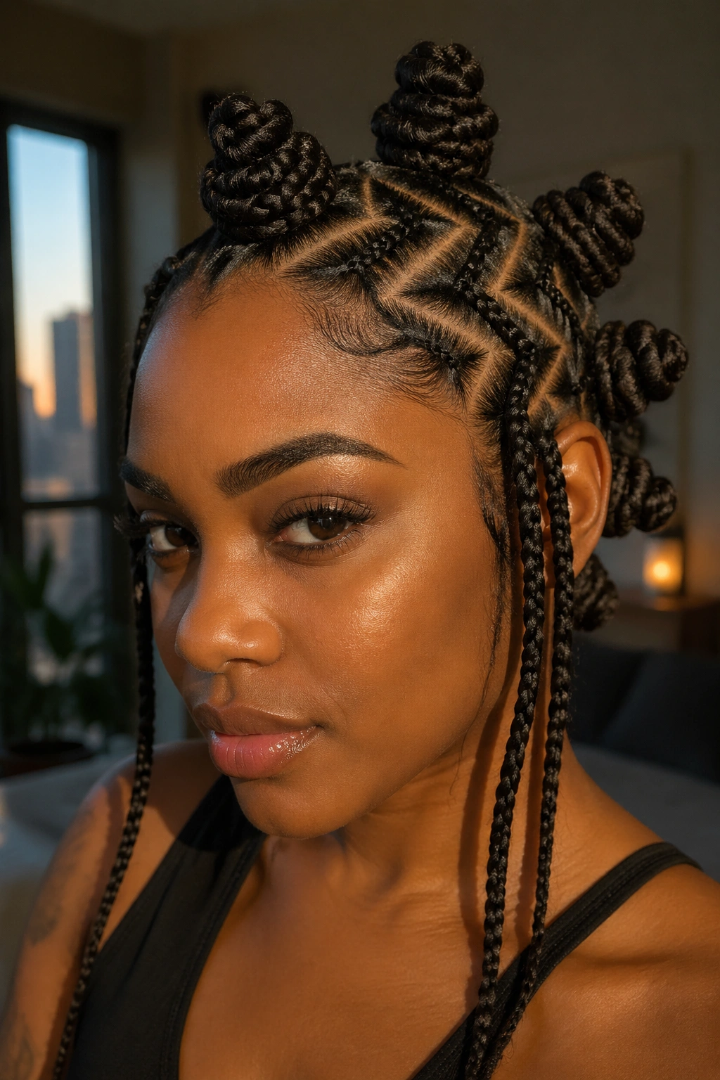 Close-up of a real woman with zigzag part stitch braids and stacked Bantu knots