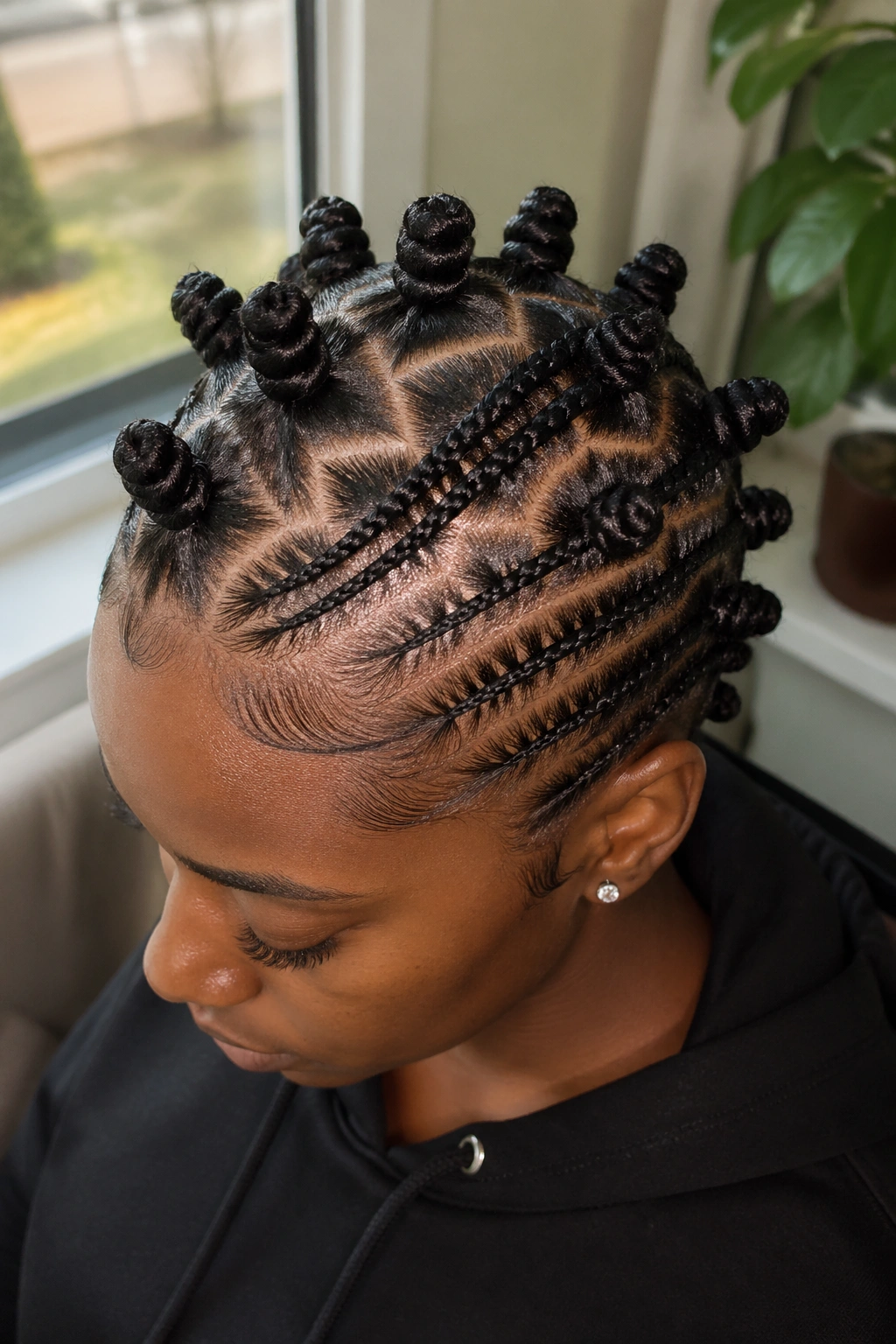 Close-up of a real person with zig-zag parting and tiny side braids over knots.