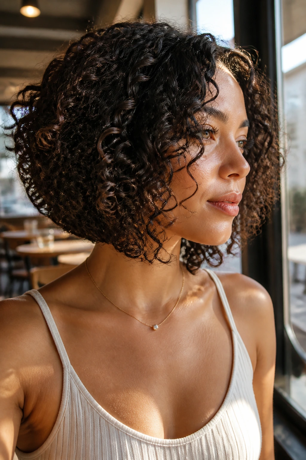 Close-up of a real woman with an A-line curly bob angled forward in warm cafe light.