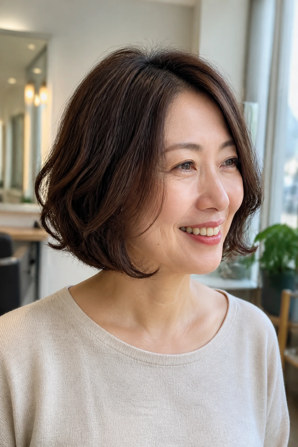 Close-up portrait of a real woman with A-line bob and permed ends