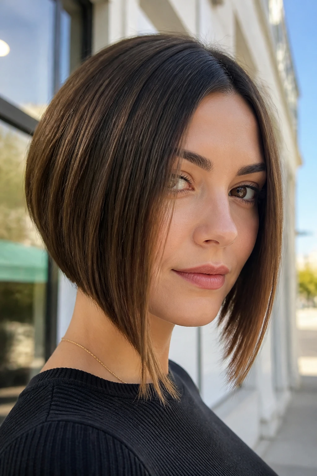 Portrait of a real woman with an A-line bob showing shorter back and longer front