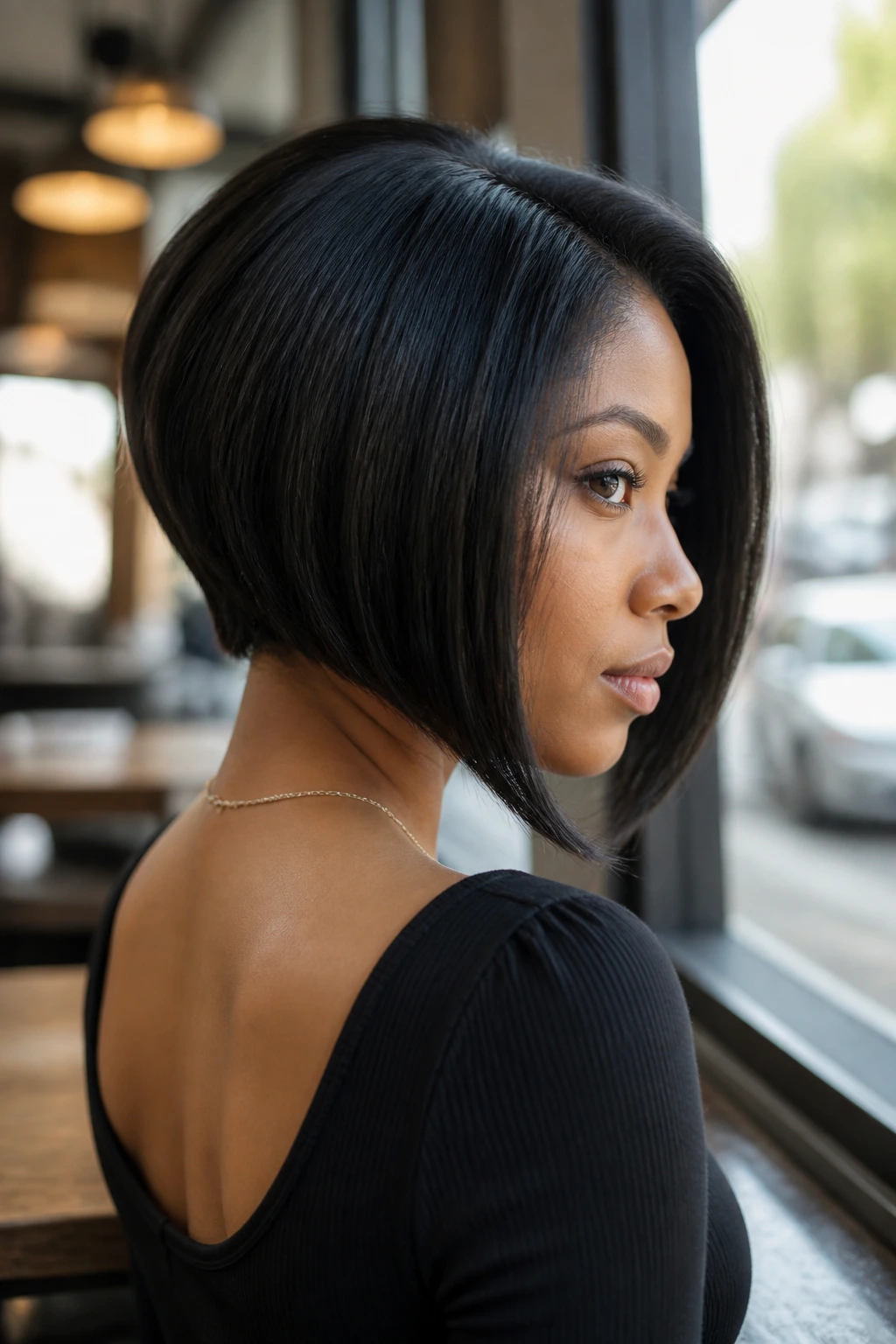 Medium close-up of a real person with an A-line bob stacked at the back shown from a slight angle
