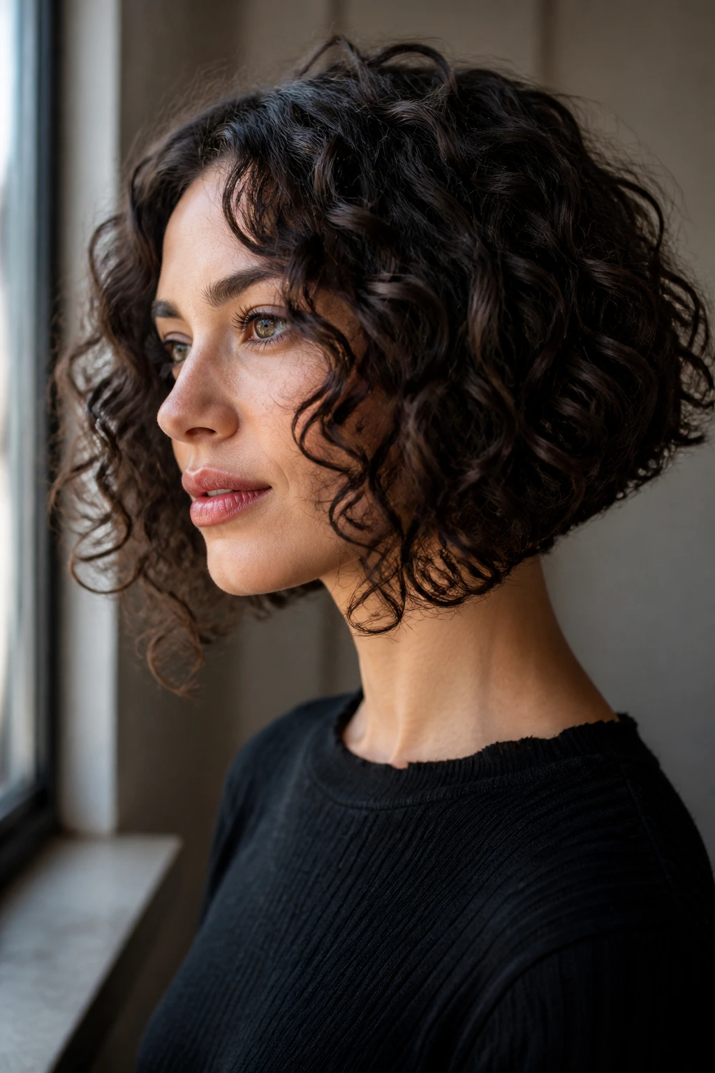 Real woman with an A-line curly bob in natural daylight
