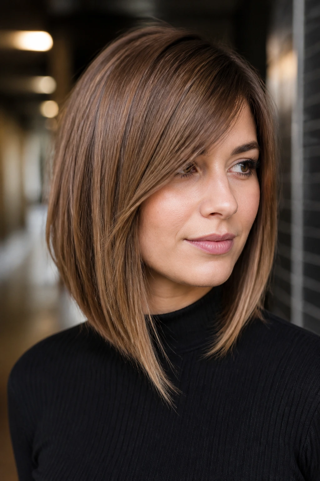 Portrait of a real person with A-line lob and long side bangs in a stylish hallway