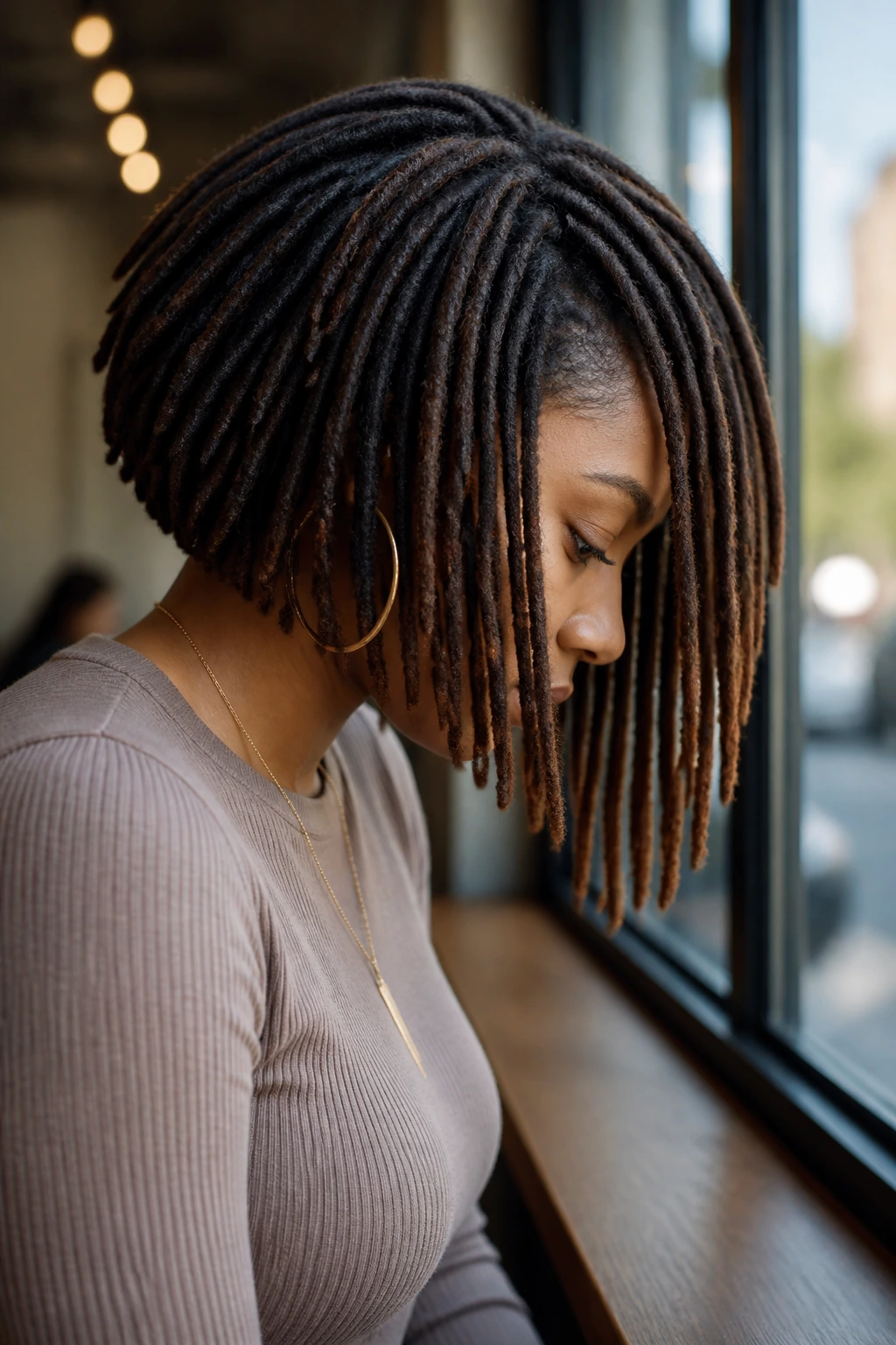 Three-quarter profile of a person with A-line loc bob leaning forward