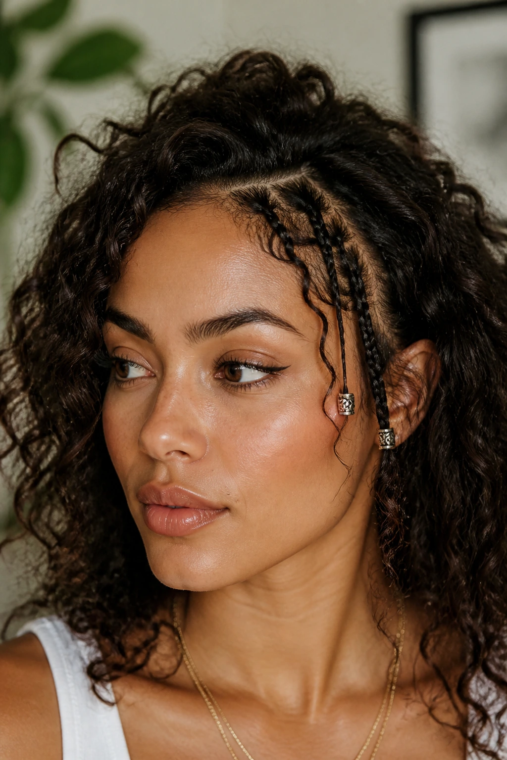 Close-up of scattered small front braids at the temples on curly hair