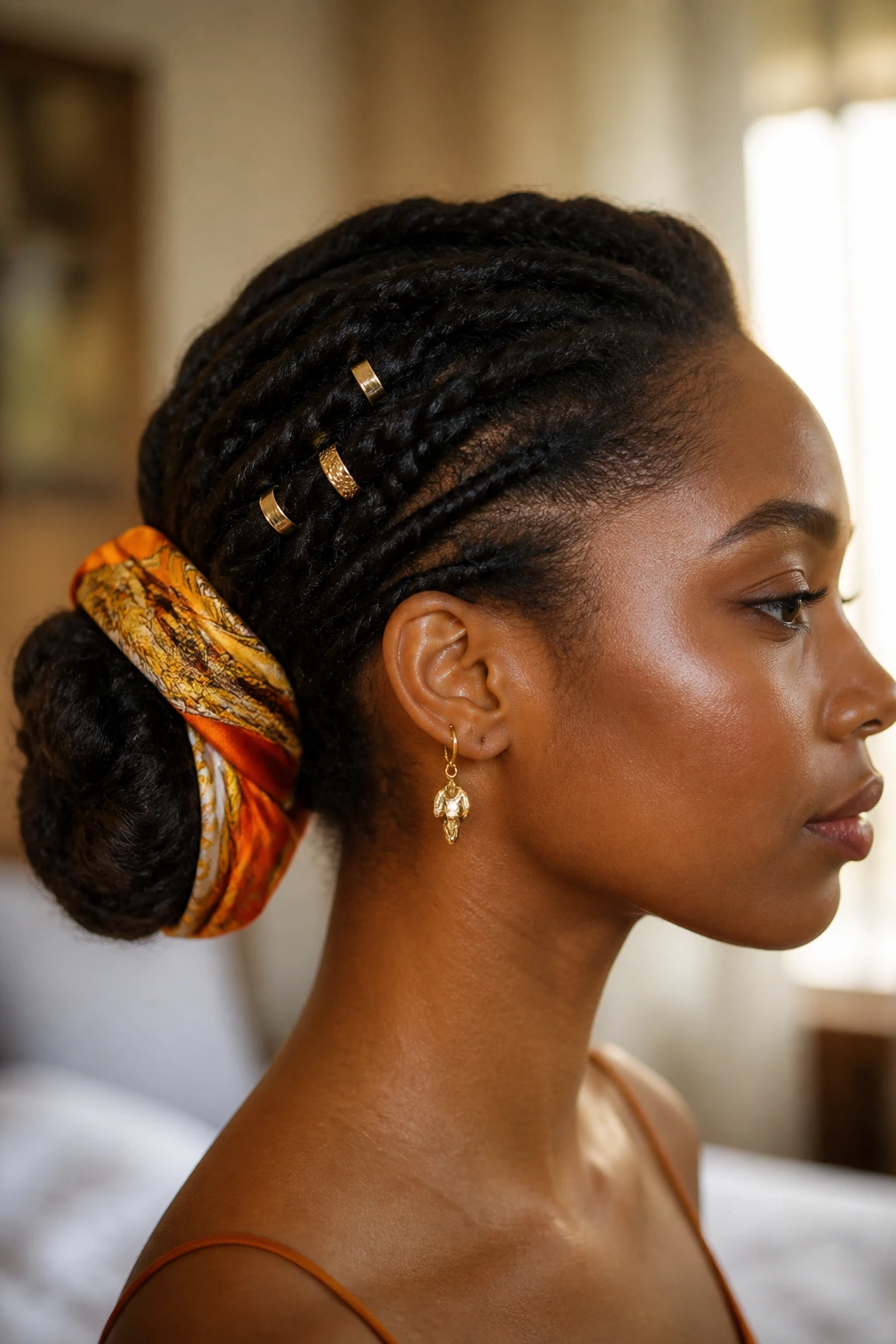 Close-up of a real woman with an accessorized bun featuring a silk scarf and gold cuffs