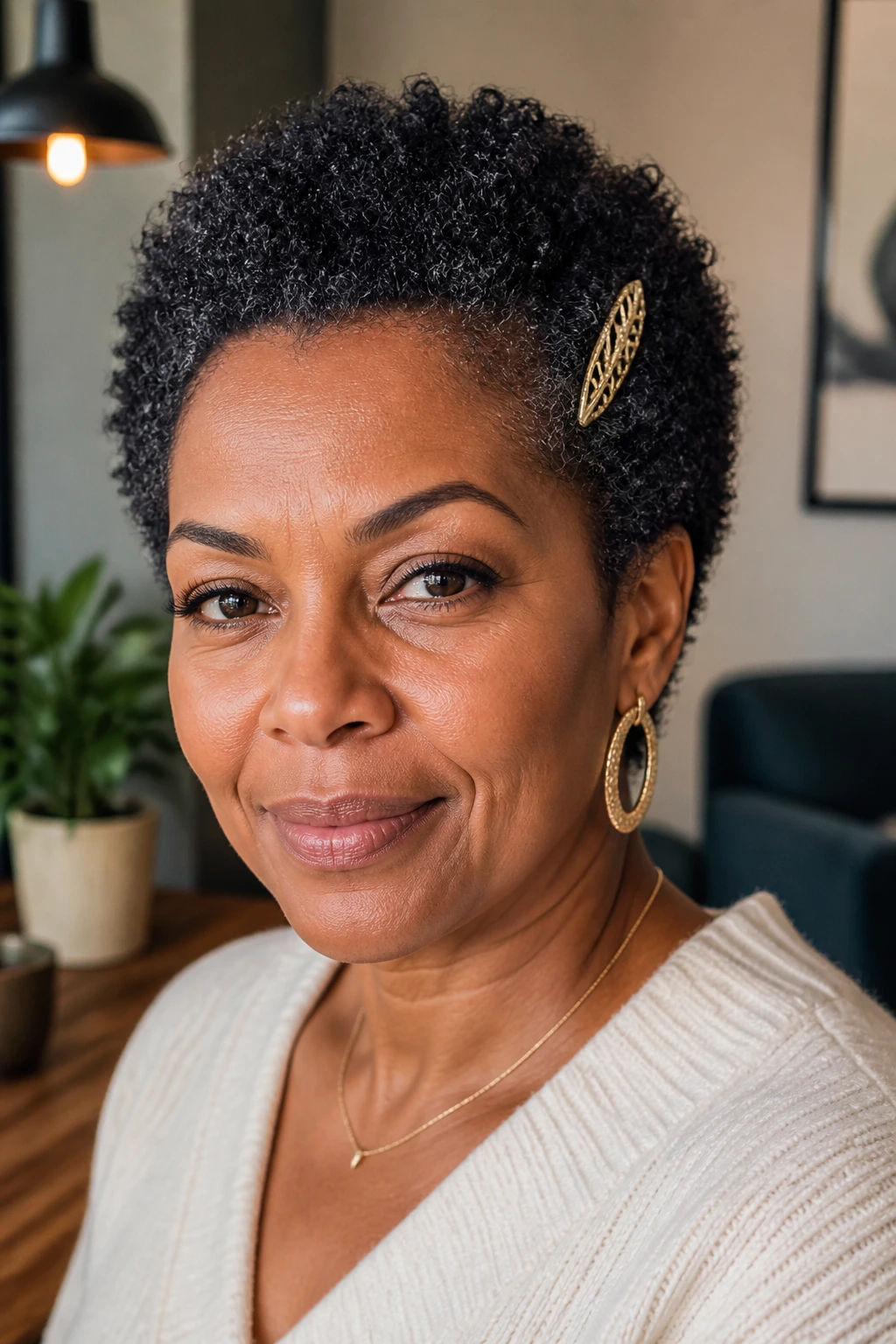 Close-up of a real woman with a short afro adorned by a single accessory