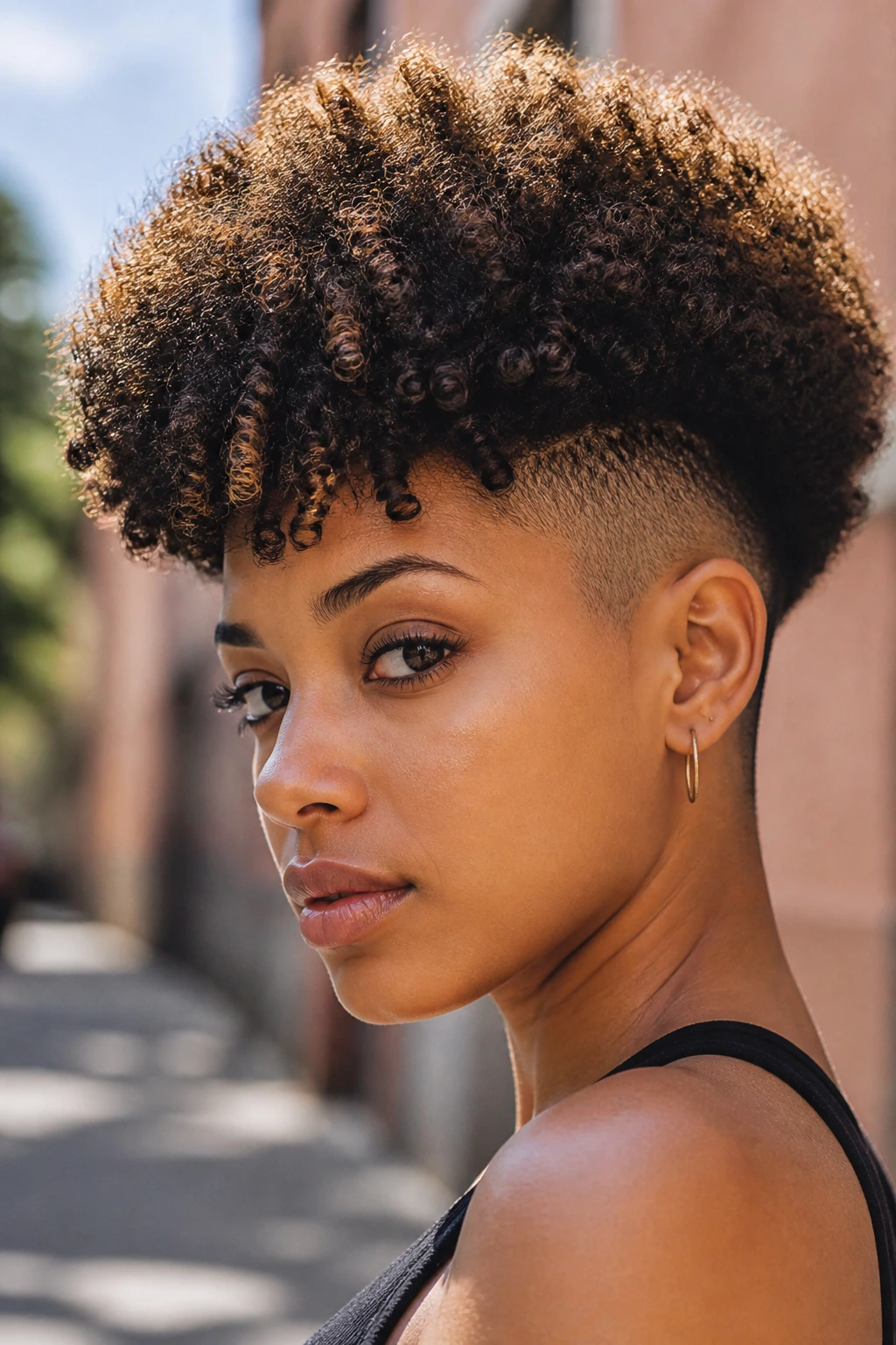 Portrait of a real person with Afro curly undercut and rounded top