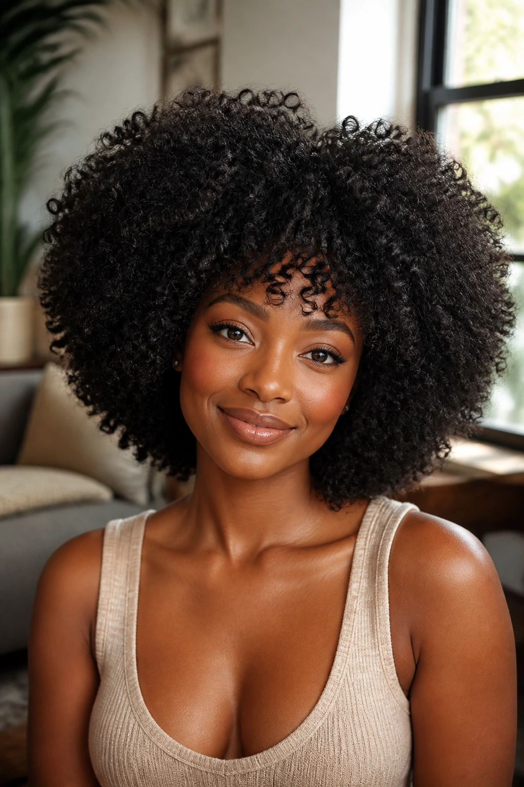 Close-up of a real Black woman wearing a full rounded Afro-Glam with clip-ins, voluminous curls framing her head.