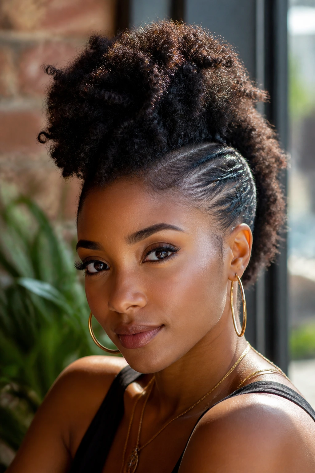 Close-up portrait of a real person with an Afro Faux Hawk with Pinned Sides, tall center ridge and pinned sides, warm natural light.