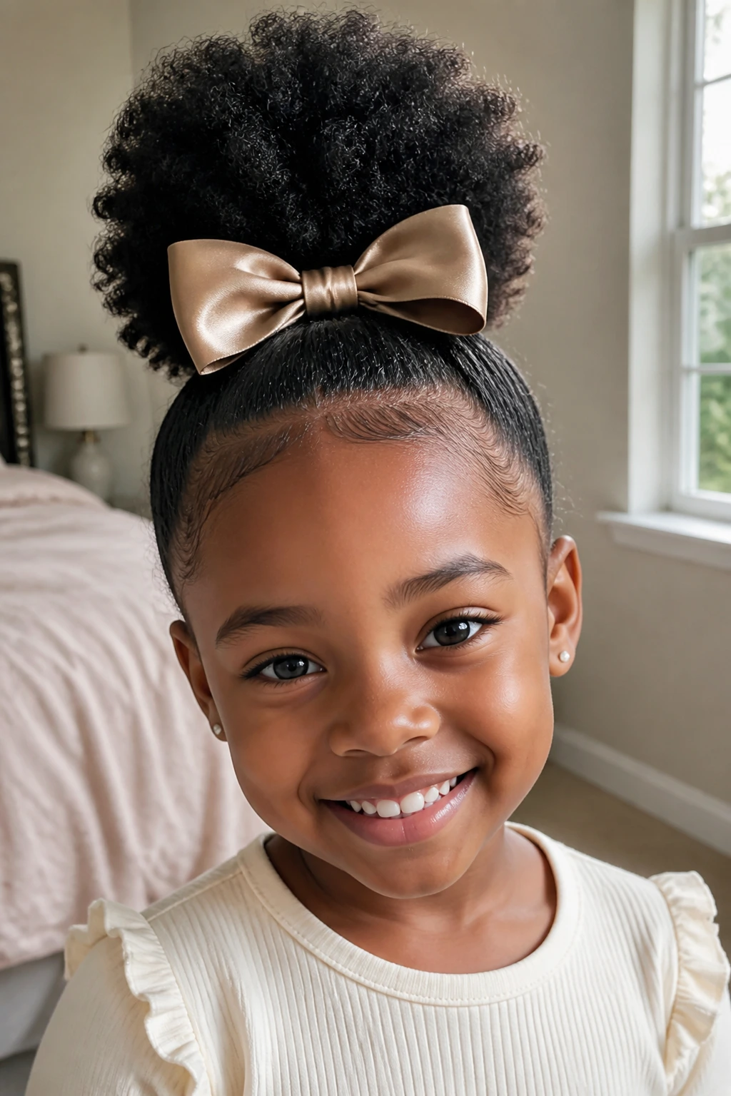 Close-up of a real child with a tall high puff and satin bow in natural bedroom light