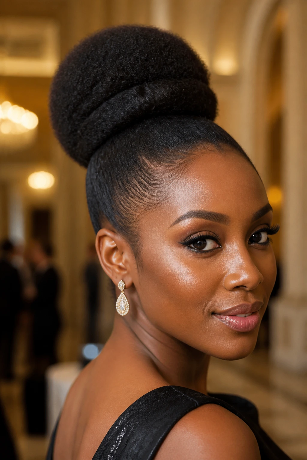 Close-up portrait of a real woman with a wrapped puff bun hybrid hairstyle for formal nights, hair neatly tucked into a rounded bun