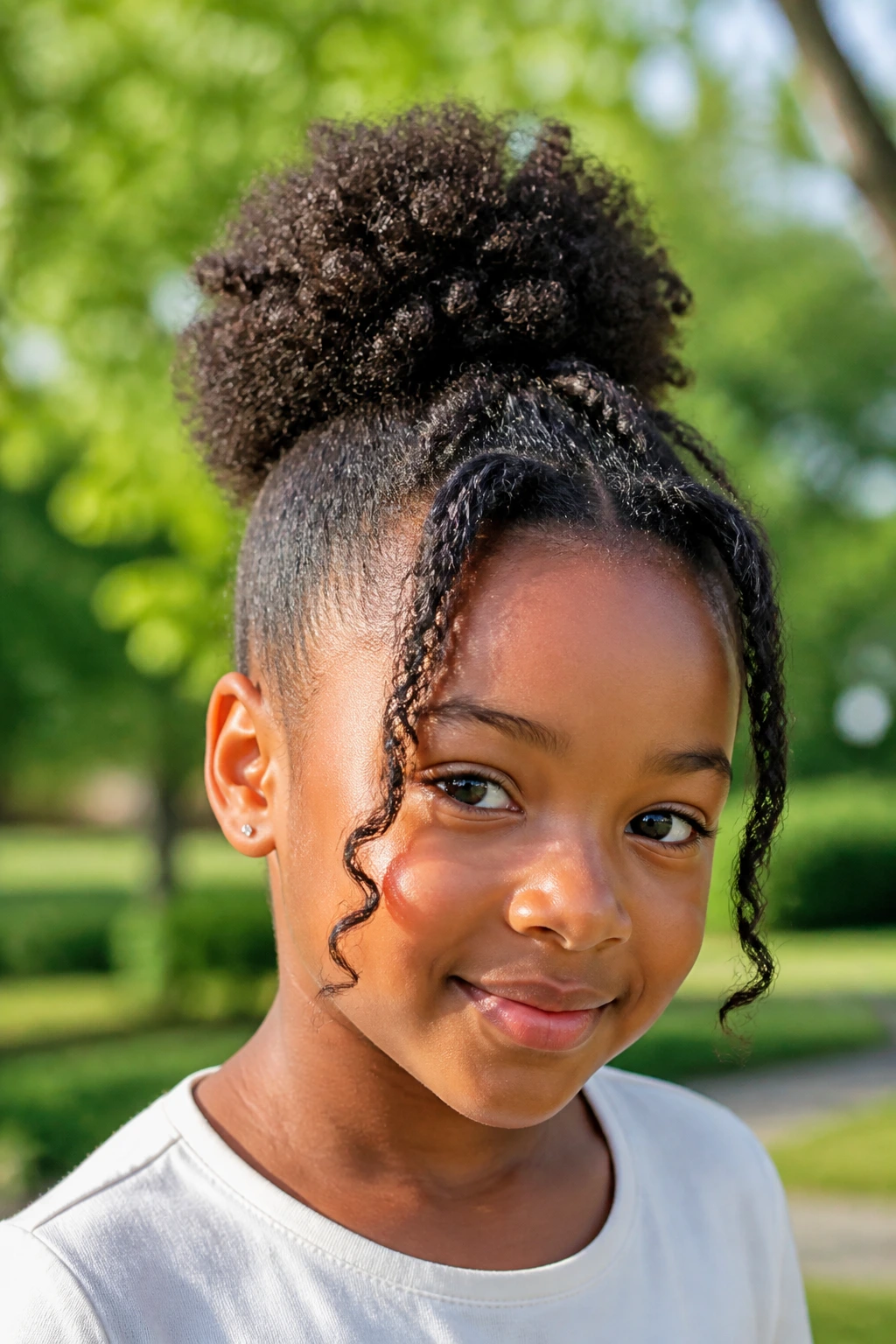 Close-up of a real child with an afro puff ponytail and face-framing sections in sunlight